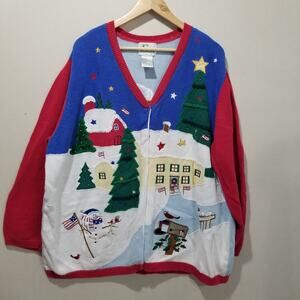 The Quacker Factory Sweater Womens 2X Blue Red Christmas Cardigan Art to Wear